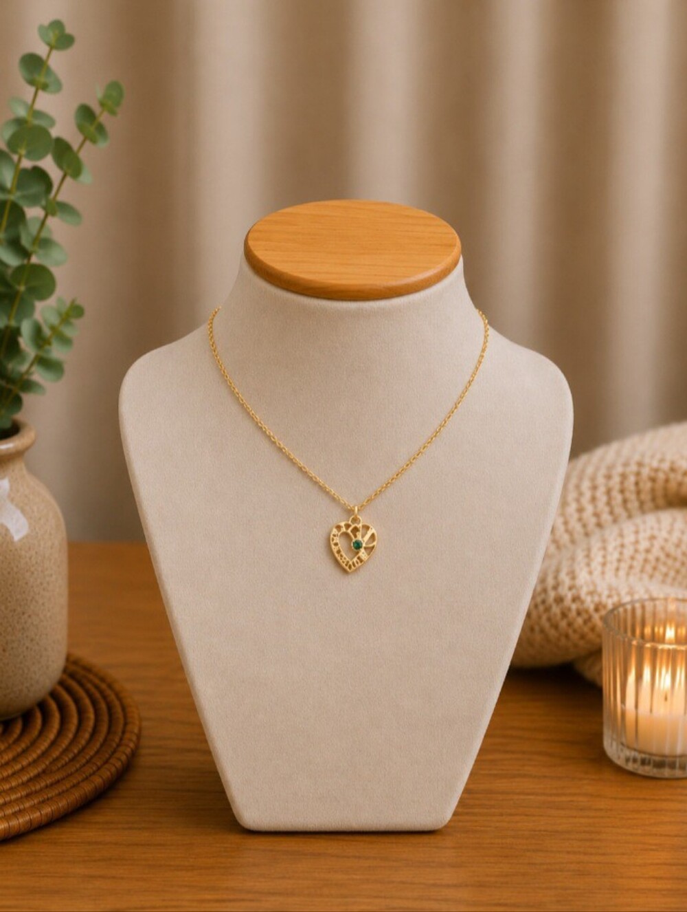 Gold Tone "I Am a Child of God" Heart Necklace with Emerald Green Stone